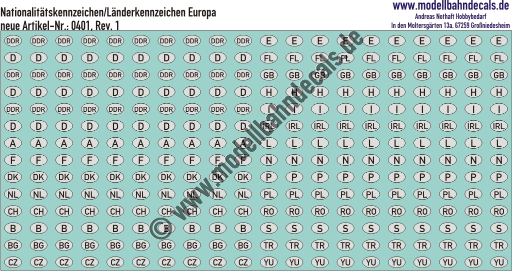"Nass-Schiebebilder: Nationalitätskennzeichen/Länderkennzeichen Europa (Buchstabe im Oval), Schwarz auf Weiss. Artikel-Nummer: 0401"