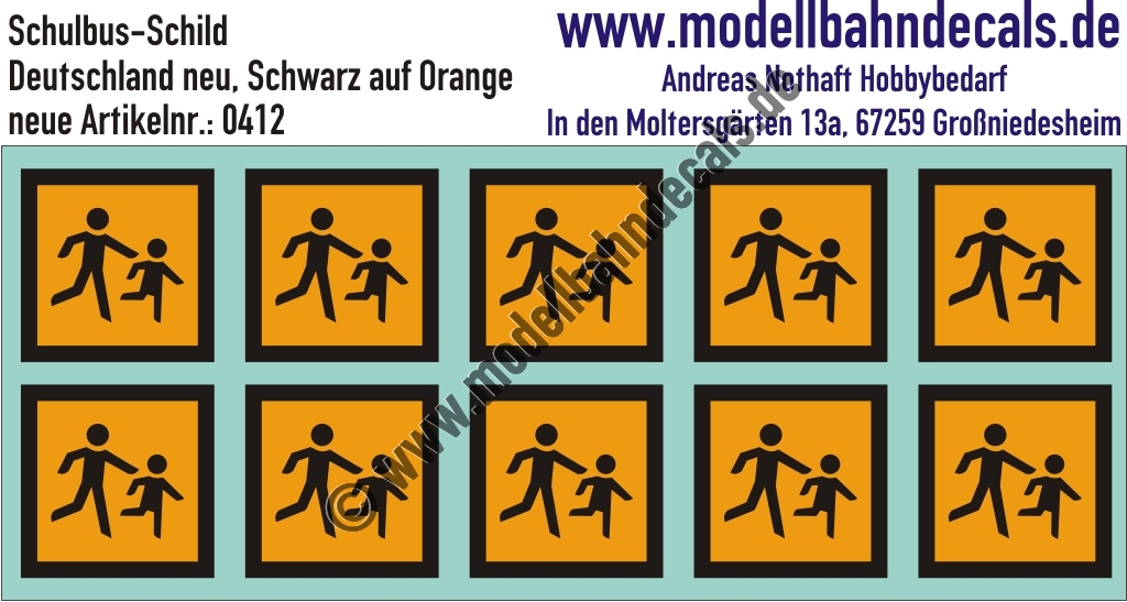 "Nass-Schiebebilder: Schulbustafel Schwarz/Orange, Deutschland neu. Artikel-Nummer: 0412"
