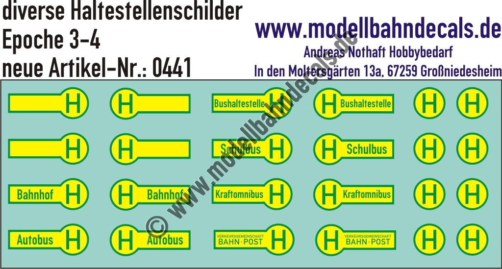 "Nass-Schiebebilder: diverse Haltestellenschilder, Epoche 3-4. Artikel-Nummer: 0441"