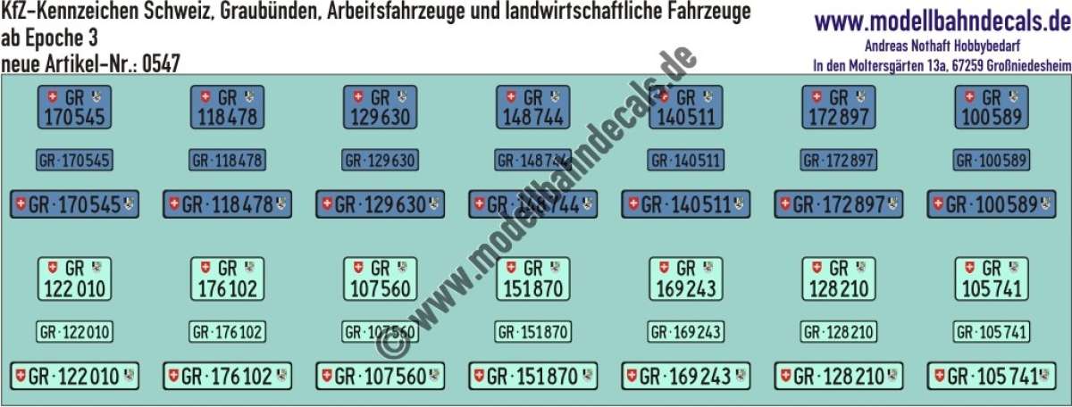 Nass-Schiebebilder: Kfz-Kennzeichen/Kontrollschild Schweiz, Graubünden, Arbeitsfahrzeuge und landwirtschaftliche Fahrzeuge, für 14 PKW oder LKW. Artikel-Nummer: 0547