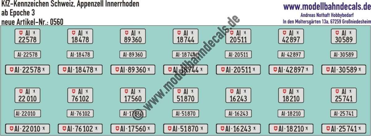 Nass-Schiebebilder: Kfz-Kennzeichen/Kontrollschild Schweiz, Appenzell Innerrhoden, für 14 PKW oder LKW. Artikel-Nummer: 0560