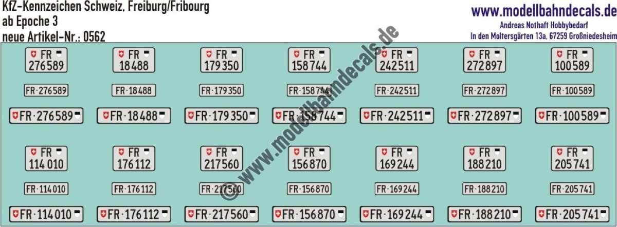 Nass-Schiebebilder: Kfz-Kennzeichen/Kontrollschild Schweiz, Freiburg/Fribourg, für 14 PKW oder LKW. Artikel-Nummer: 0562