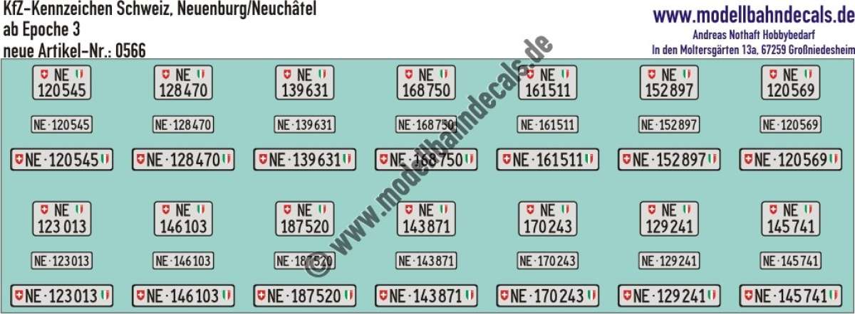Nass-Schiebebilder: Kfz-Kennzeichen/Kontrollschild Schweiz, Neuenburg/Neuchâtel, für 14 PKW oder LKW. Artikel-Nummer: 0566