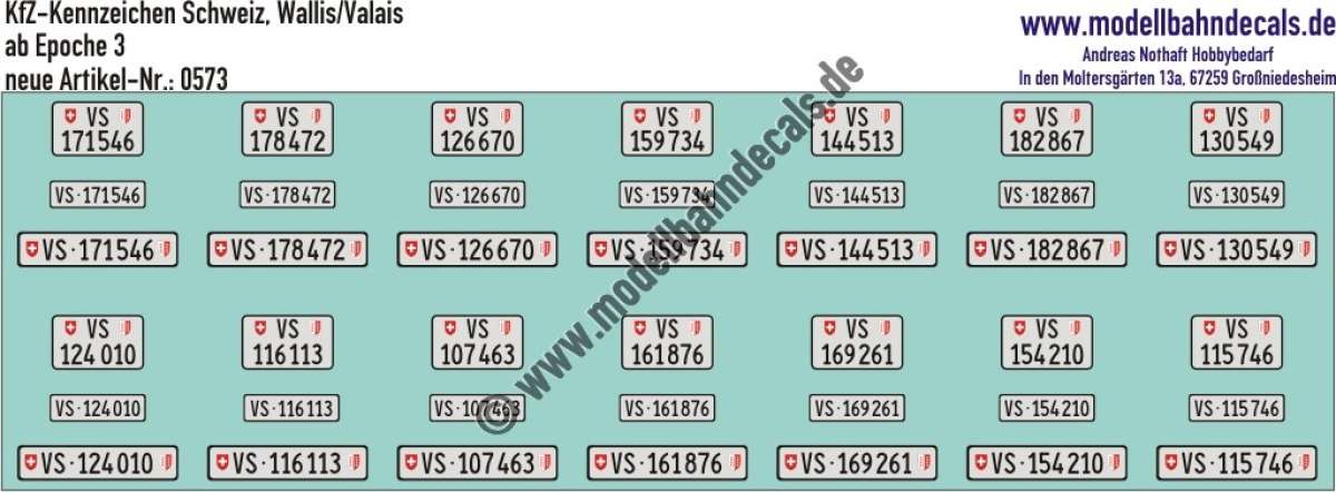 Nass-Schiebebilder: Kfz-Kennzeichen/Kontrollschild Schweiz, Wallis/Valais, für 14 PKW oder LKW. Artikel-Nummer: 0573