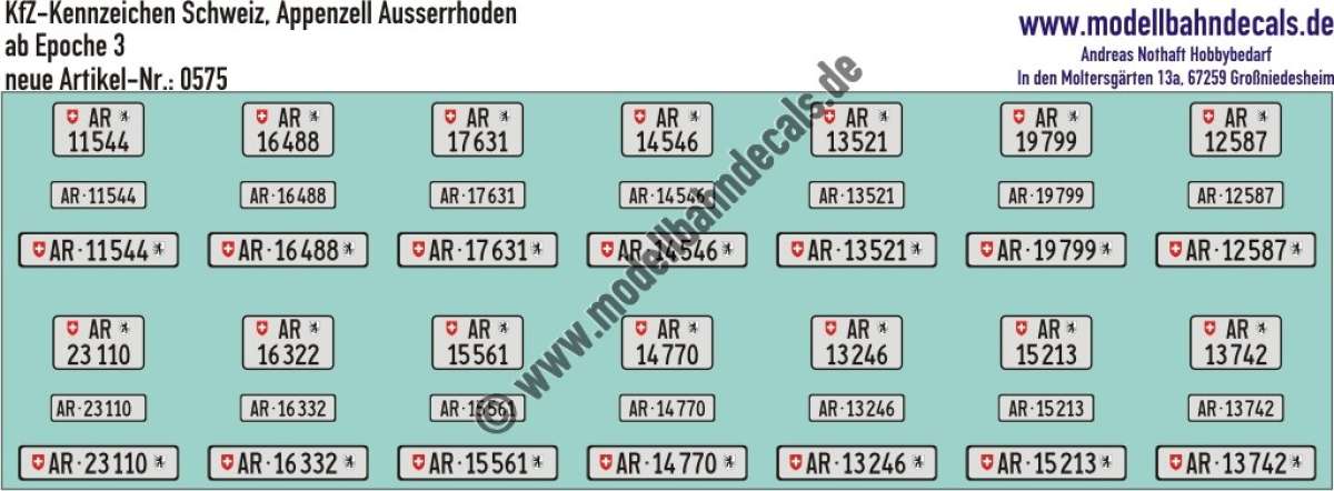 Nass-Schiebebilder: Kfz-Kennzeichen/Kontrollschild Schweiz, Appenzell Ausserrhoden, für 14 PKW oder LKW. Artikel-Nummer: 0575