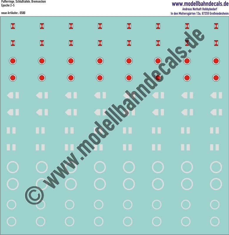 "Nass-Schiebebilder: Pufferringe (müsen ausgeschnitten werden), Schlusstafeln, Bremsecken; wir empfehlen für Bremsecken unbedingt einen Weichmacher - z.B. Decal-Medium. Artikel-Nummer: 0580"