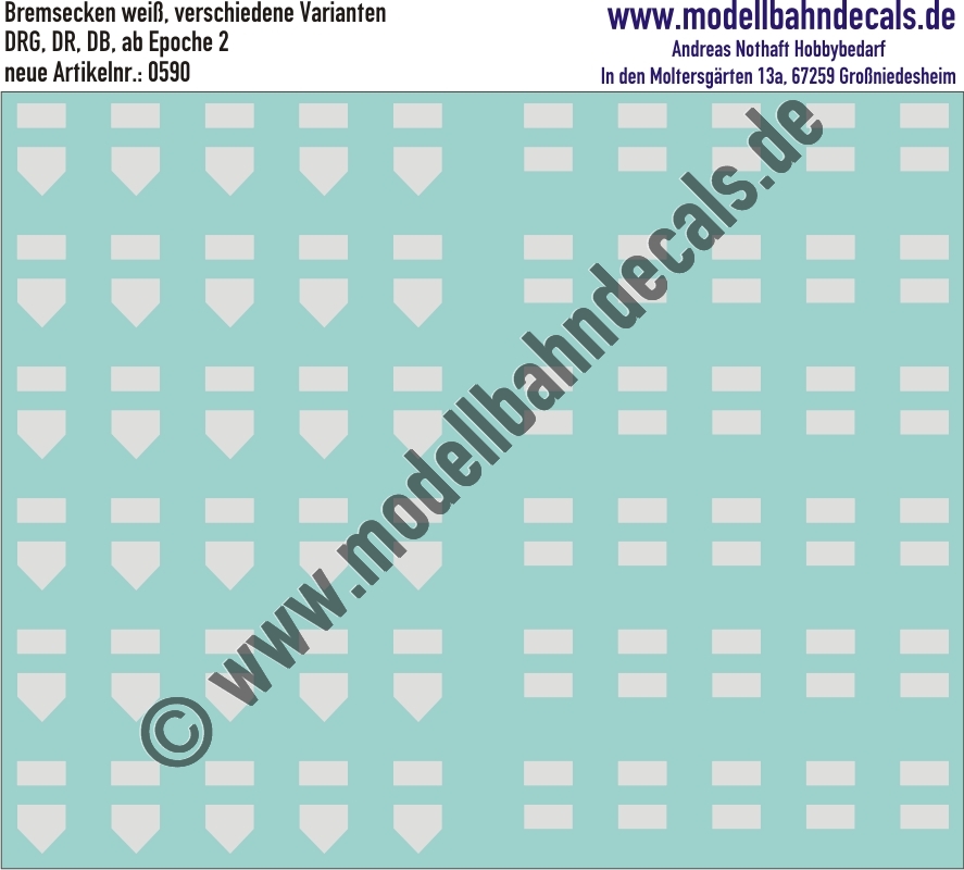 "Nass-Schiebebilder: Bremsecken Weiss, beide Varianten; wir empfehlen für Bremsecken unbedingt einen Weichmacher - z.B. Decal-Medium. Artikel-Nummer: 0590"