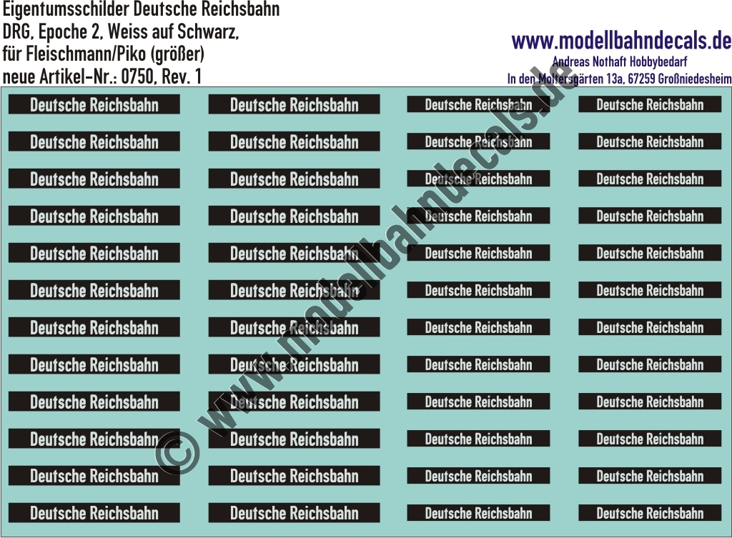 Nass-Schiebebilder: Eigentumsschilder Deutsche Reichsbahn Schwarz/Weiss Fleischmann/Piko. Artikel-Nummer: 0750