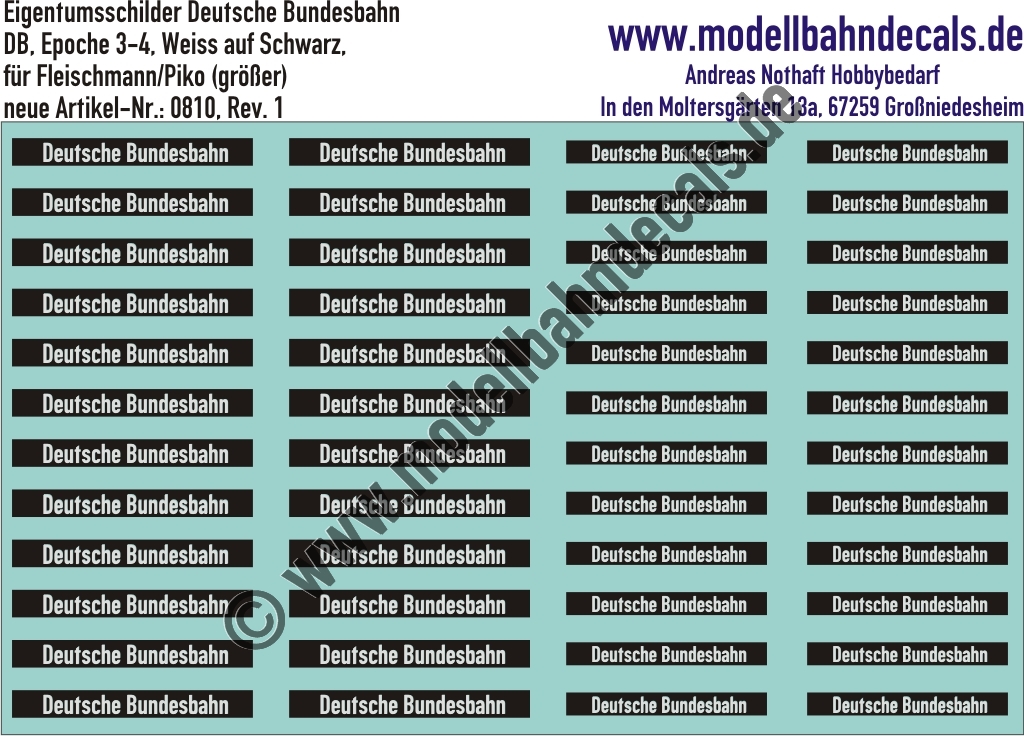 Nass-Schiebebilder: Eigentumsschilder Deutsche Bundesbahn Schwarz/Weiss Fleischmann/Piko. Artikel-Nummer: 0810