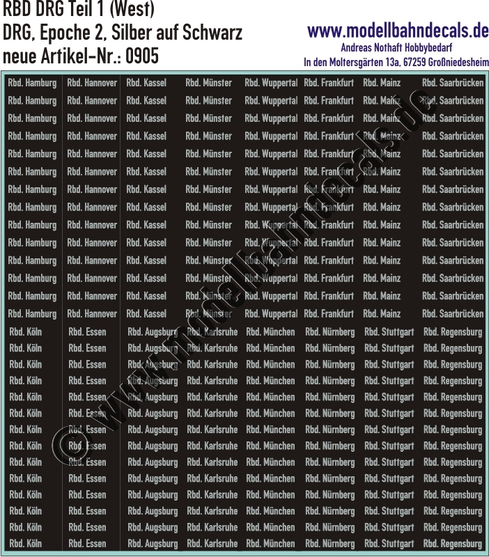 "Nass-Schiebebilder: Rbd (DRG) Teil 1 Aluminium West, Silber auf Schwarz, Rbd und Städtenamen. Artikel-Nummer: 0905"