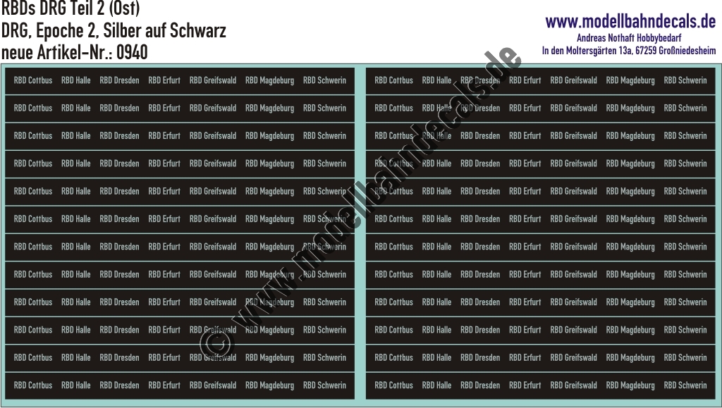 "Nass-Schiebebilder: RBD (DRG) Teil 2 Aluminium Ost, Silber auf Schwarz, RBD und Städtenamen. Artikel-Nummer: 0940"