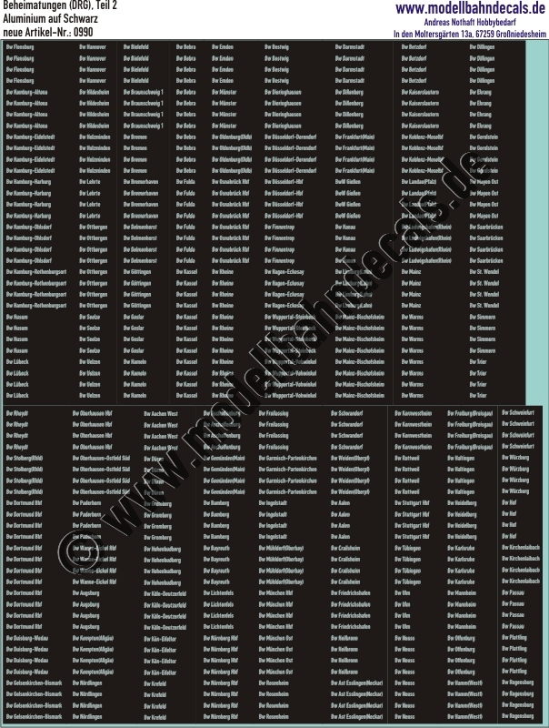 "Nass-Schiebebilder: Beheimatungen (DRG) Teil 2 Aluminium, Silber auf Schwarz, Bw und Städtenamen. Artikel-Nummer: 0990"