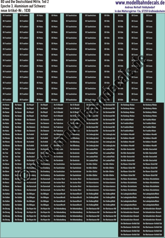 "Nass-Schiebebilder: BD und Bw (DB) Teil 2 Mitte Schwarz/Aluminium, BD bzw. Bw und Städtenamen. Artikel-Nummer: 1030"