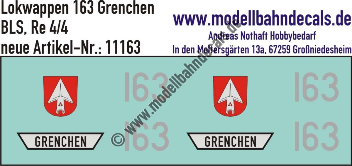 Nass-Schiebebilder: Zusatzbeschriftung mit Wappen Lok 163 Grenchen für Re 4/4 der BLS, ab Epoche 3. Artikel-Nummer: 11163
