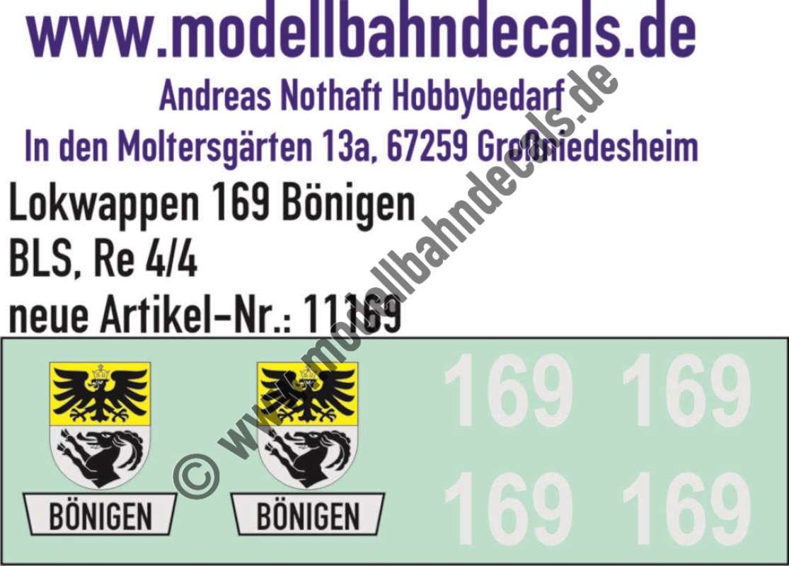 Nass-Schiebebilder: Zusatzbeschriftung mit Wappen Lok 169 Bönigen für Re 4/4 der BLS, ab Epoche 3. Artikel-Nummer: 11169