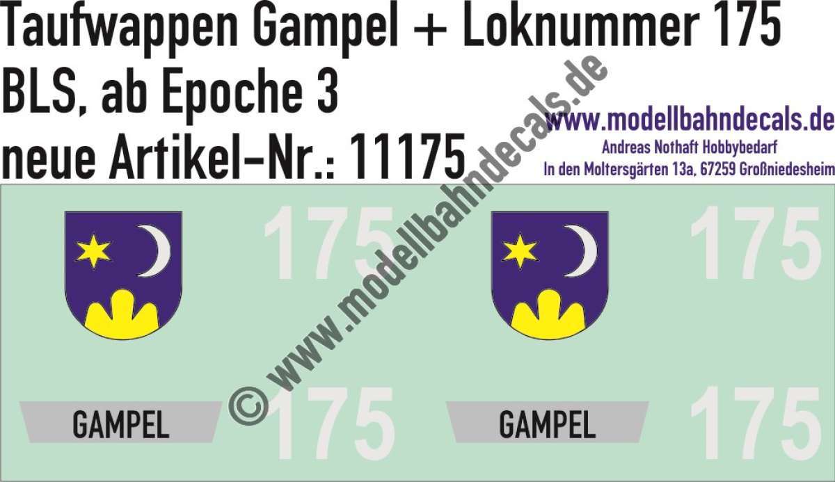 Nass-Schiebebilder: Zusatzbeschriftung mit Wappen Lok 175 Gampel für Re 4/4 der BLS, ab Epoche 3. Artikel-Nummer: 11175