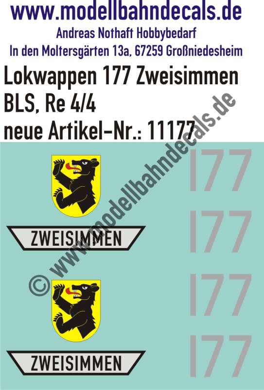 Nass-Schiebebilder: Zusatzbeschriftung mit Wappen Lok 177 Zweisimmen für Re 4/4 der BLS, ab Epoche 3. Artikel-Nummer: 11177