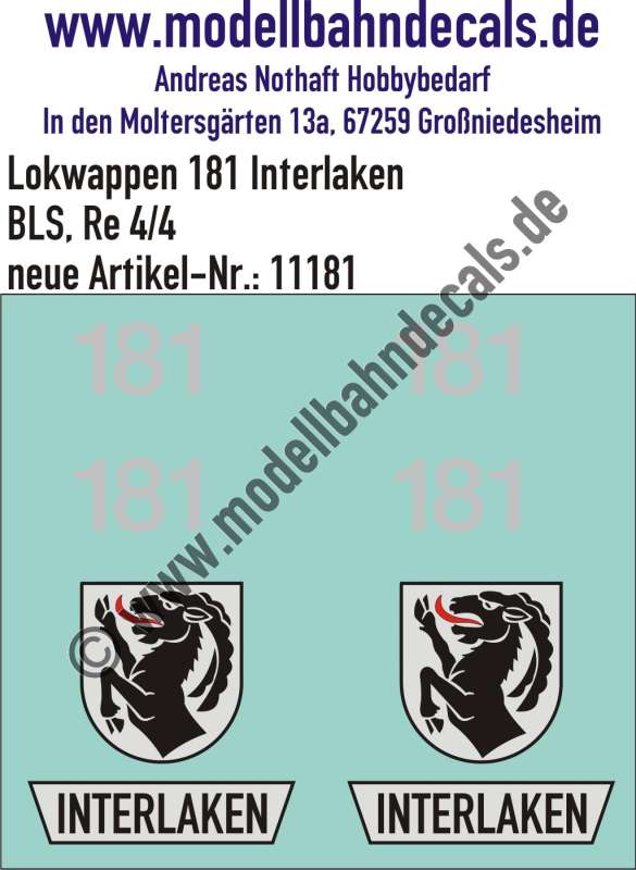 Nass-Schiebebilder: Zusatzbeschriftung mit Wappen Lok 181 Interlaken für Re 4/4 der BLS, ab Epoche 3. Artikel-Nummer: 11181