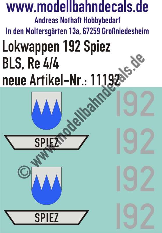 Nass-Schiebebilder: Zusatzbeschriftung mit Wappen Lok 192 Spiez für Re 4/4 der BLS, ab Epoche 3. Artikel-Nummer: 11192