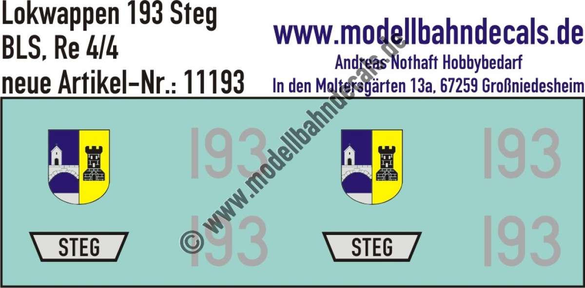 Nass-Schiebebilder: Zusatzbeschriftung mit Wappen Lok 193 Steg für Re 4/4 der BLS, ab Epoche 3. Artikel-Nummer: 11193