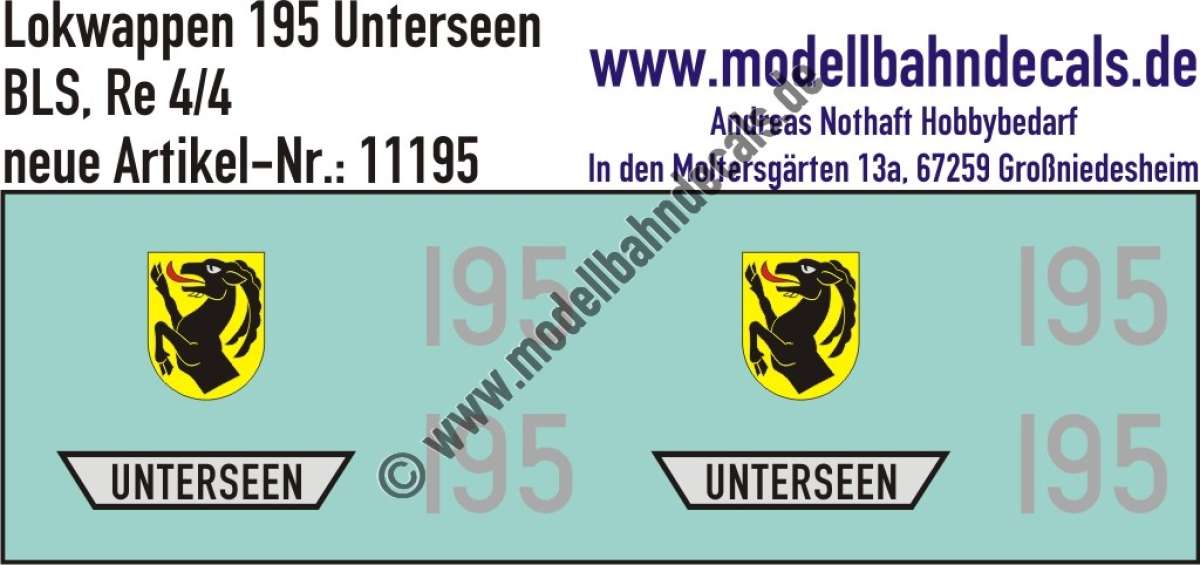 Nass-Schiebebilder: Zusatzbeschriftung mit Wappen Lok 195 Unterseen für Re 4/4 der BLS, ab Epoche 3. Artikel-Nummer: 11195