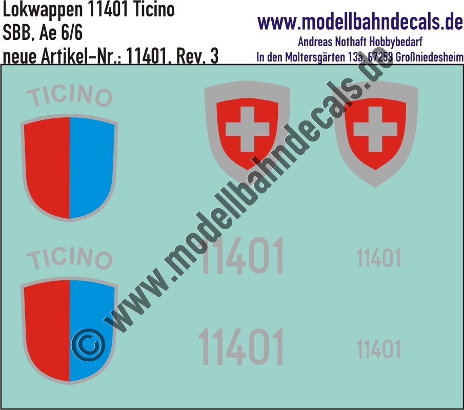 "Nass-Schiebebilder: Zusatzbeschriftung mit Wappen Lok 11401 Ticino (Tessin) für Ae 6/6 der SBB, ab Epoche 3. Artikel-Nummer: 11401"