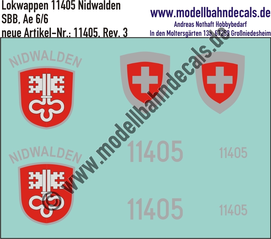 "Nass-Schiebebilder: Zusatzbeschriftung mit Wappen Lok 11405 Nidwalden für Ae 6/6 der SBB, ab Epoche 3. Artikel-Nummer: 11405"
