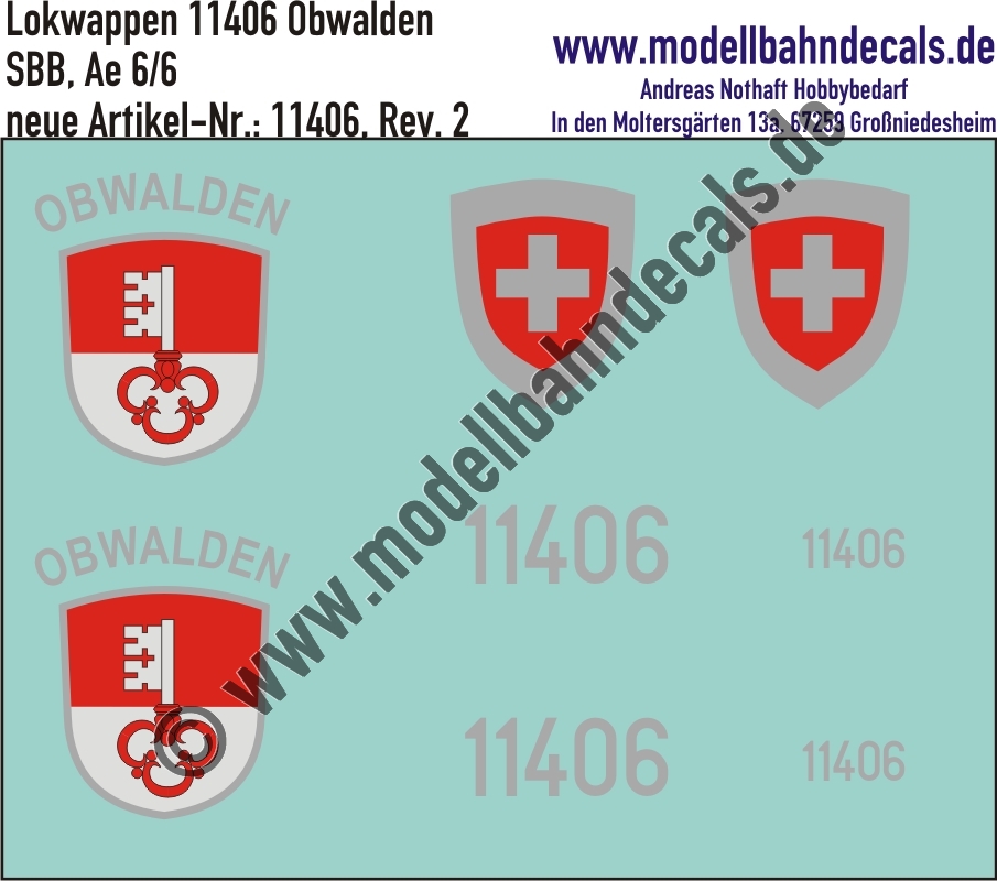 "Nass-Schiebebilder: Zusatzbeschriftung mit Wappen Lok 11406 Obwalden für Ae 6/6 der SBB, ab Epoche 3. Artikel-Nummer: 11406"