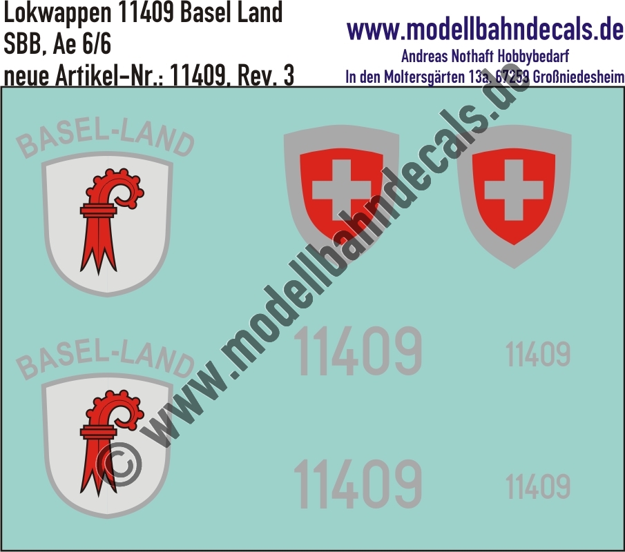 "Nass-Schiebebilder: Zusatzbeschriftung mit Wappen Lok 11409 Basel Land für Ae 6/6 der SBB, ab Epoche 3. Artikel-Nummer: 11409"