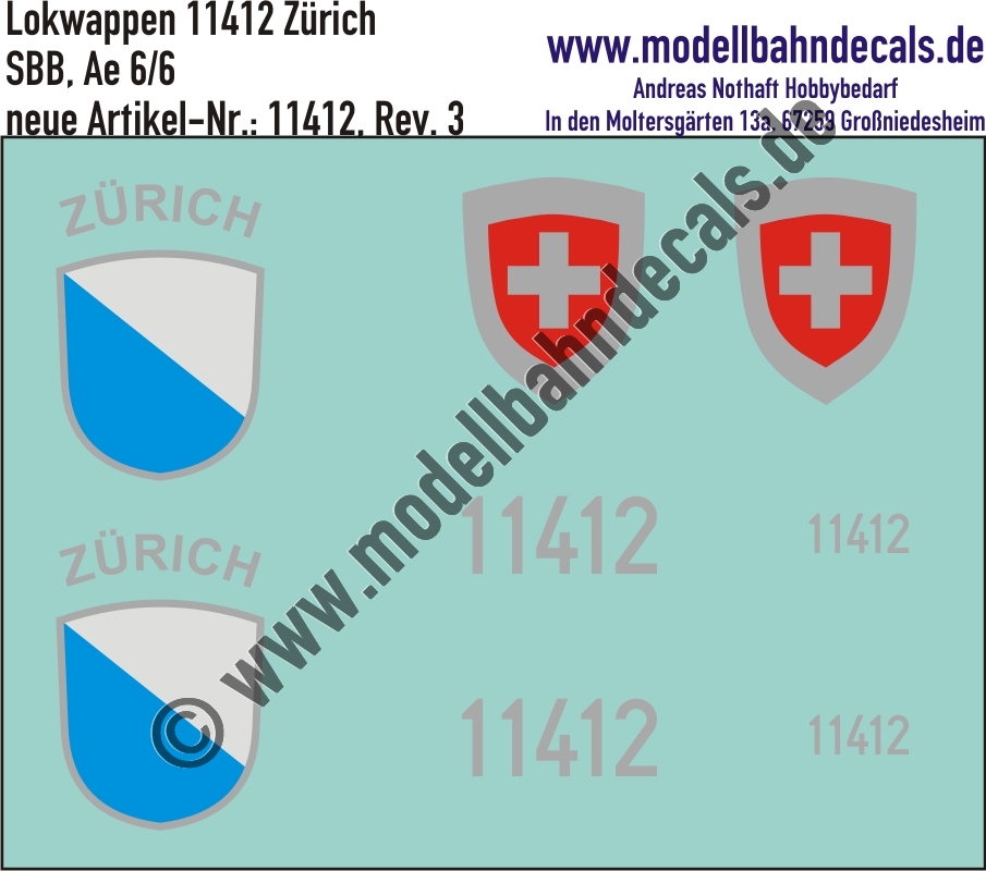 "Nass-Schiebebilder: Zusatzbeschriftung mit Wappen Lok 11412 Zürich für Ae 6/6 der SBB, ab Epoche 3. Artikel-Nummer: 11412"