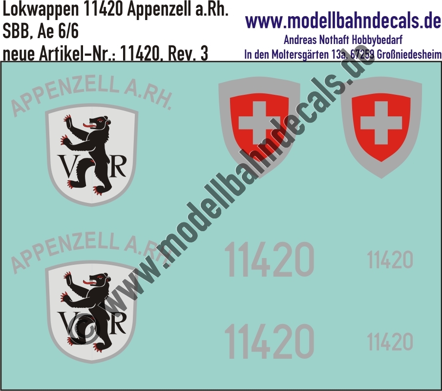 "Nass-Schiebebilder: Zusatzbeschriftung mit Wappen Lok 11420 Appenzell a. Rh. für Ae 6/6 der SBB, ab Epoche 3. Artikel-Nummer: 11420"