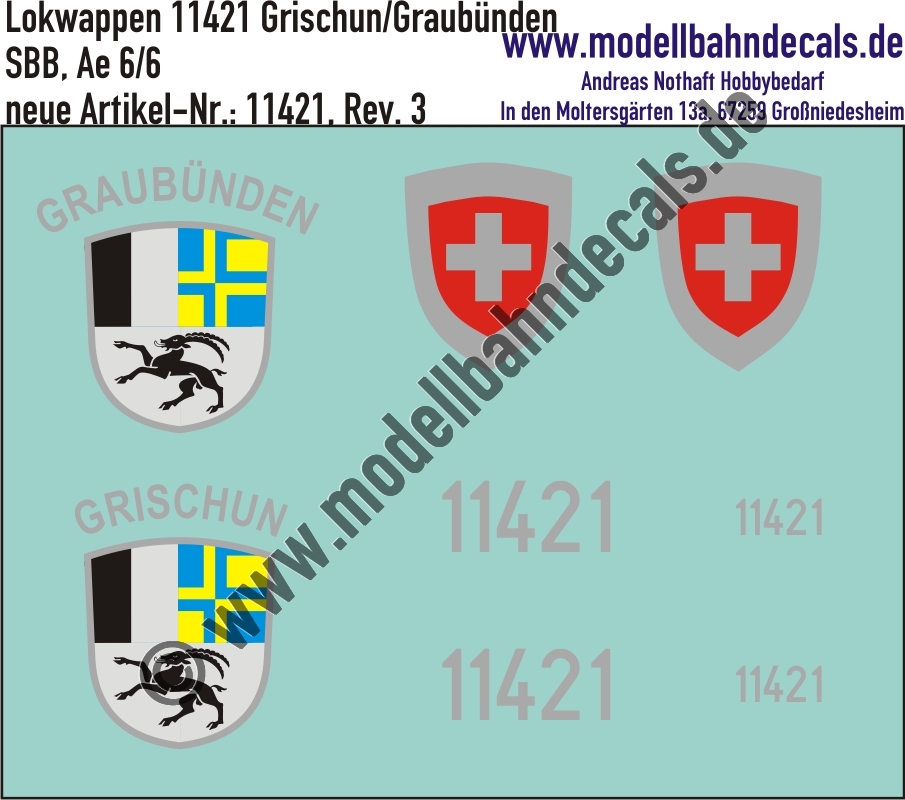 "Nass-Schiebebilder: Zusatzbeschriftung mit Wappen Lok 11421 Grischun/Graubünden für Ae 6/6 der SBB, ab Epoche 3. Artikel-Nummer: 11421"