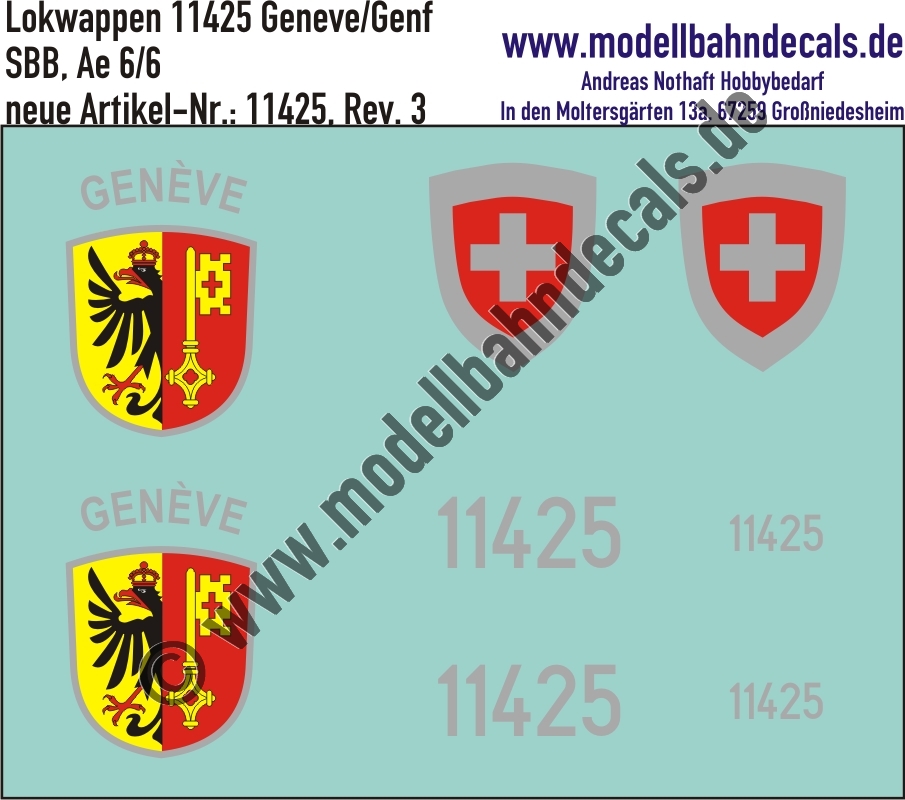 "Nass-Schiebebilder: Zusatzbeschriftung mit Wappen Lok 11425 Genève/Genf für Ae 6/6 der SBB, ab Epoche 3. Artikel-Nummer: 11425"