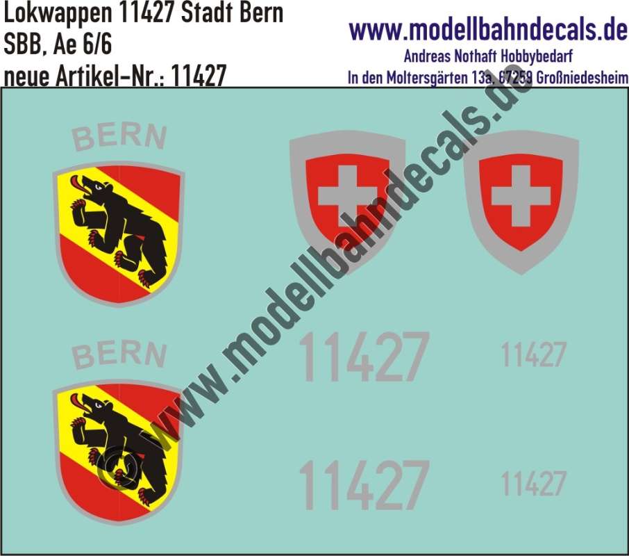 Nass-Schiebebilder: Zusatzbeschriftung mit Wappen Lok 11427 Stadt Bern für Ae 6/6 der SBB, ab Epoche 3. Artikel-Nummer: 11427