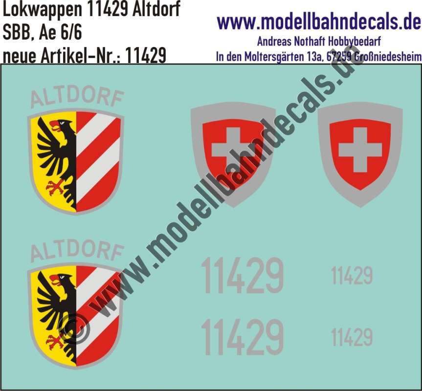 Nass-Schiebebilder: Zusatzbeschriftung mit Wappen Lok 11429 Altdorf für Ae 6/6 der SBB, ab Epoche 3. Artikel-Nummer: 11429