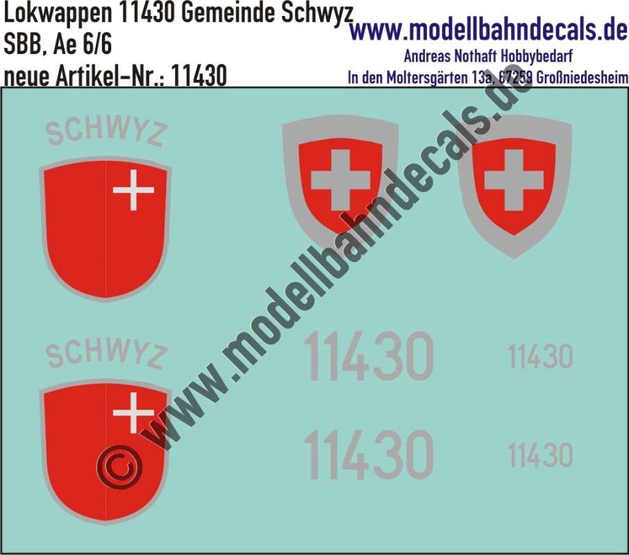Nass-Schiebebilder: Zusatzbeschriftung mit Wappen Lok 11430 Gemeinde Schwyz für Ae 6/6 der SBB, ab Epoche 3. Artikel-Nummer: 11430