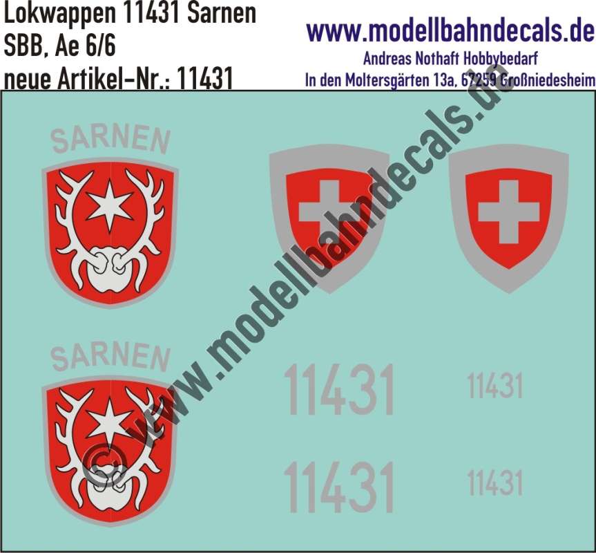 Nass-Schiebebilder: Zusatzbeschriftung mit Wappen Lok 11431 Sarnen für Ae 6/6 der SBB, ab Epoche 3. Artikel-Nummer: 11431