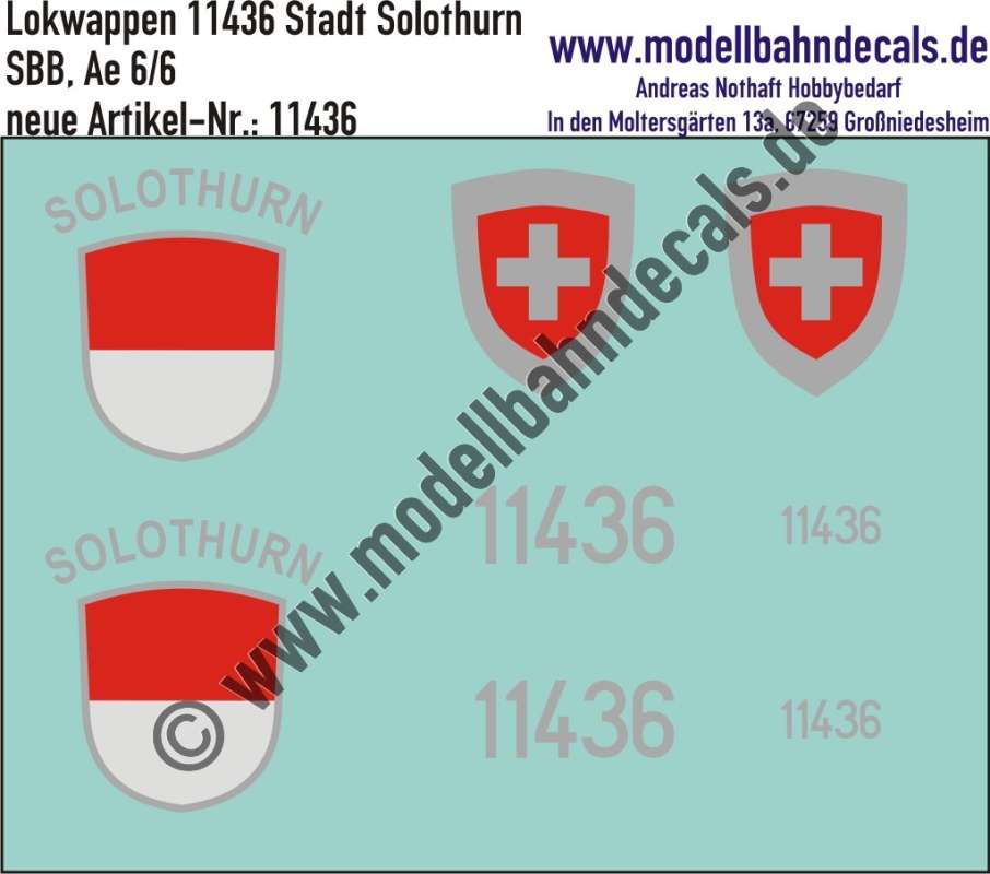 Nass-Schiebebilder: Zusatzbeschriftung mit Wappen Lok 11436 Stadt Solothurn für Ae 6/6 der SBB, ab Epoche 3. Artikel-Nummer: 11436
