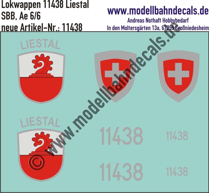 Nass-Schiebebilder: Zusatzbeschriftung mit Wappen Lok 11438 Liestal für Ae 6/6 der SBB, ab Epoche 3. Artikel-Nummer: 11438