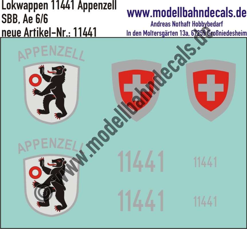 Nass-Schiebebilder: Zusatzbeschriftung mit Wappen Lok 11441 Appenzell für Ae 6/6 der SBB, ab Epoche 3. Artikel-Nummer: 11441