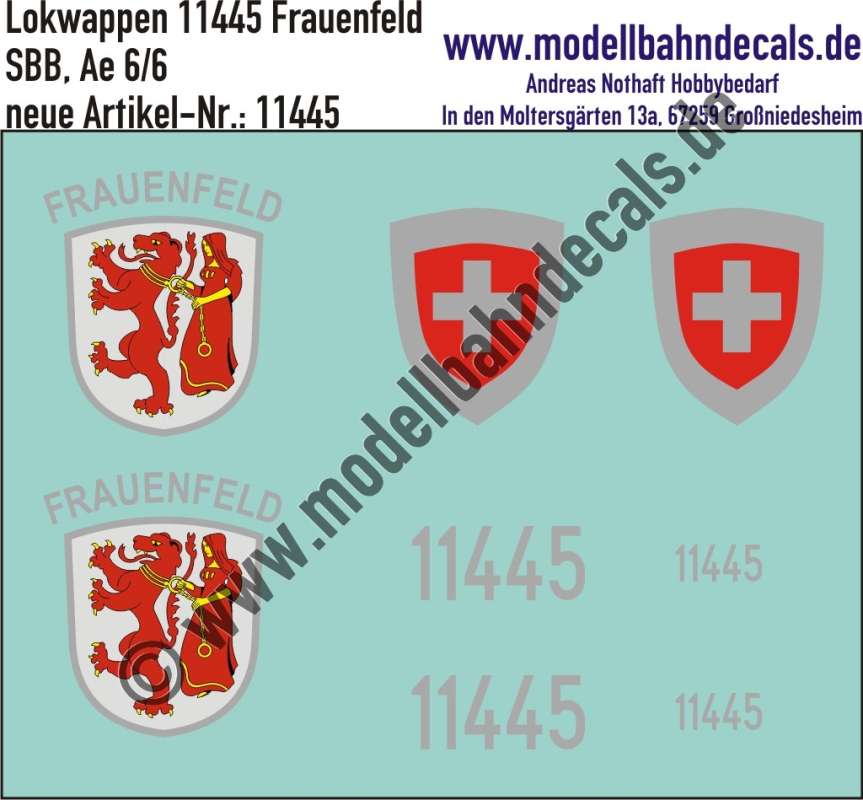 Nass-Schiebebilder: Zusatzbeschriftung mit Wappen Lok 11445 Frauenfeld für Ae 6/6 der SBB, ab Epoche 3. Artikel-Nummer: 11445