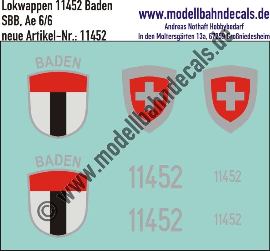 Nass-Schiebebilder: Zusatzbeschriftung mit Wappen Lok 11452 Baden für Ae 6/6 der SBB, ab Epoche 3. Artikel-Nummer: 11452