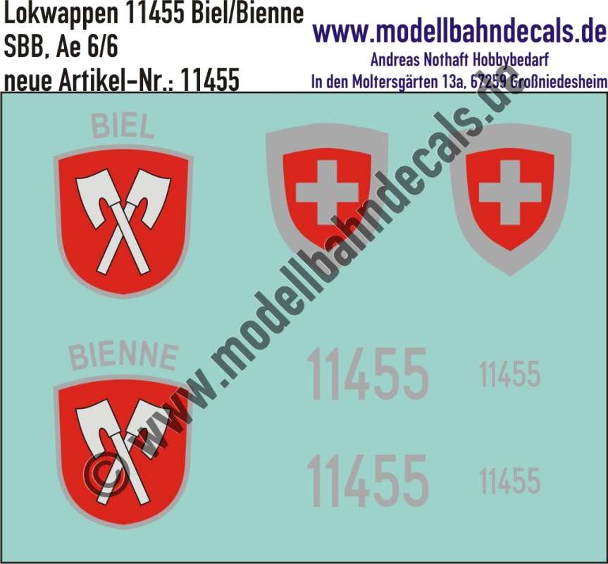 Nass-Schiebebilder: Zusatzbeschriftung mit Wappen Lok 11455 Biel/Bienne für Ae 6/6 der SBB, ab Epoche 3. Artikel-Nummer: 11455