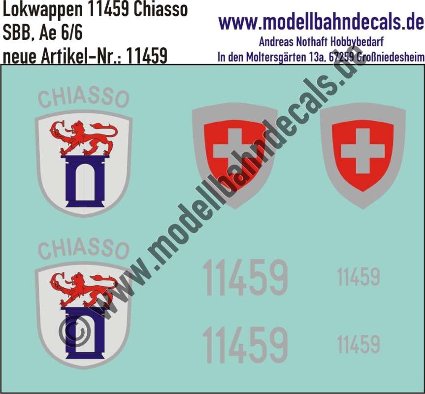Nass-Schiebebilder: Zusatzbeschriftung mit Wappen Lok 11459 Chiasso für Ae 6/6 der SBB, ab Epoche 3. Artikel-Nummer: 11459