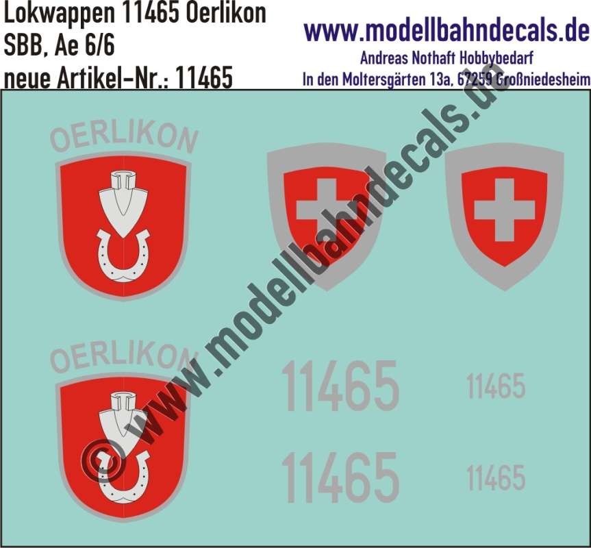 Nass-Schiebebilder: Zusatzbeschriftung mit Wappen Lok 11465 Oerlikon für Ae 6/6 der SBB, ab Epoche 3. Artikel-Nummer: 11465