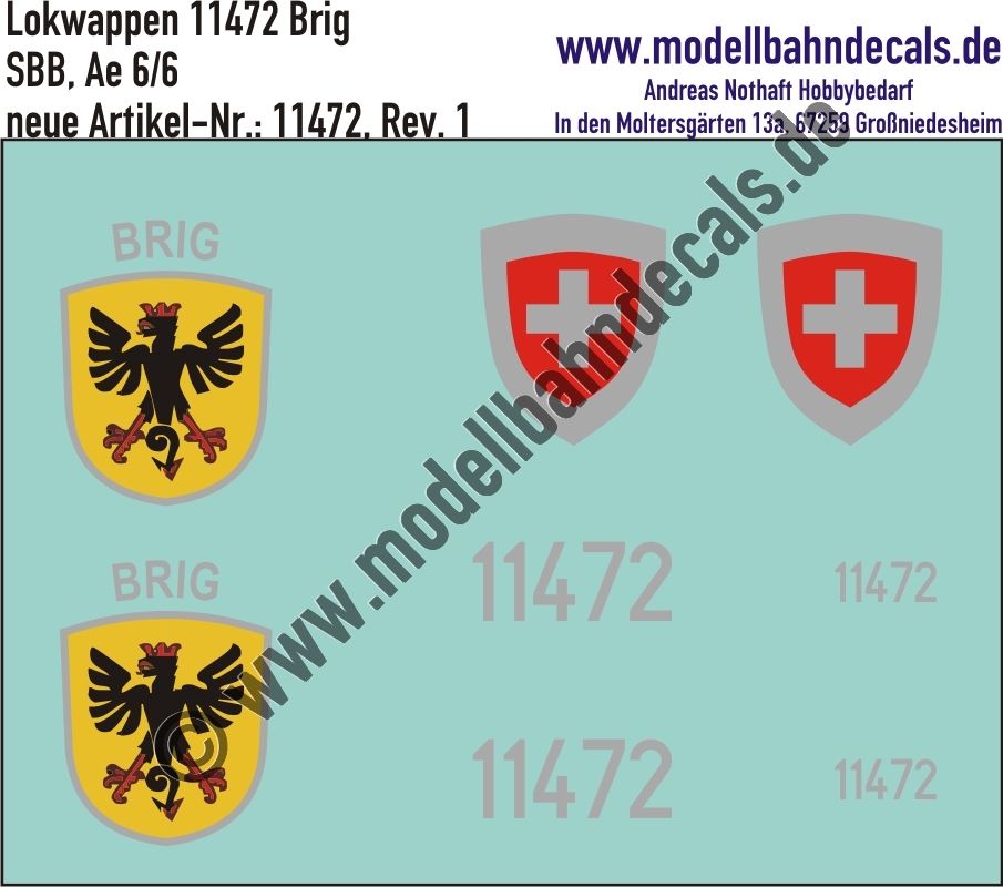 "Nass-Schiebebilder: Zusatzbeschriftung mit Wappen Lok 11472 Brig für Ae 6/6 der SBB, ab Epoche 3. Artikel-Nummer: 11472"