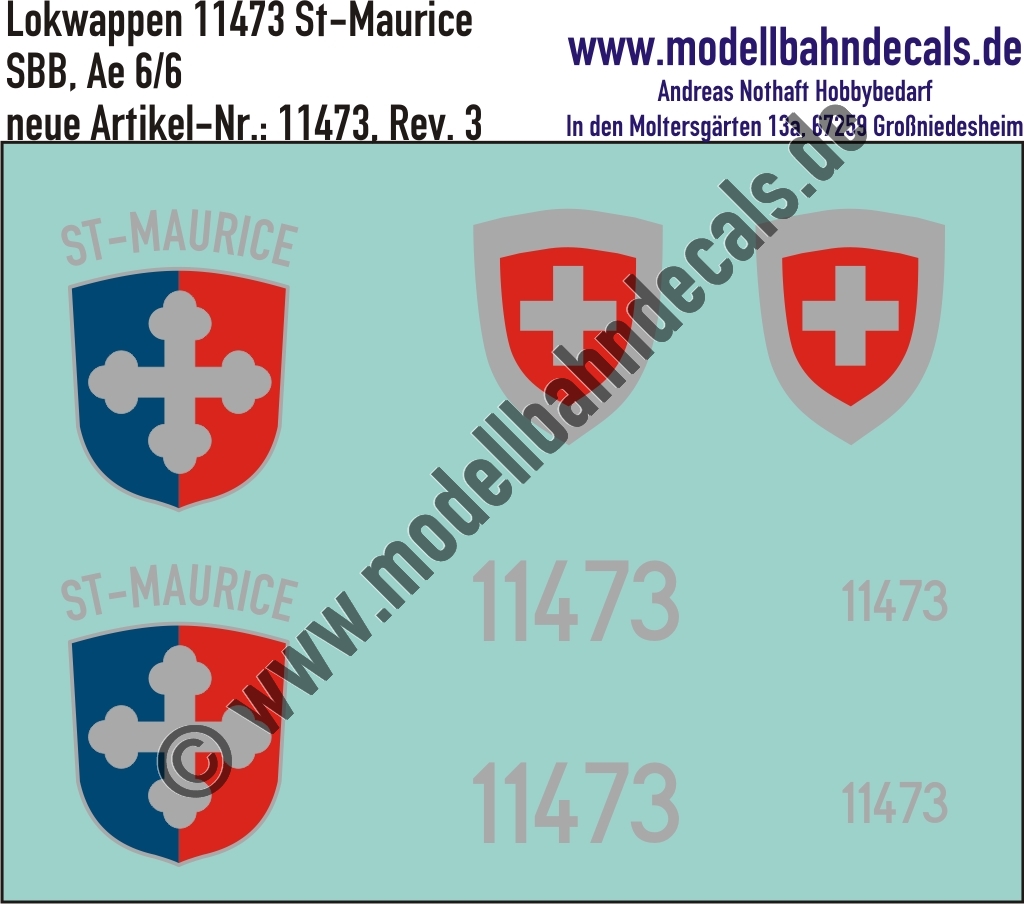 "Nass-Schiebebilder: Zusatzbeschriftung mit Wappen Lok 11473 St. Maurice für Ae 6/6 der SBB, ab Epoche 3. Artikel-Nummer: 11473"