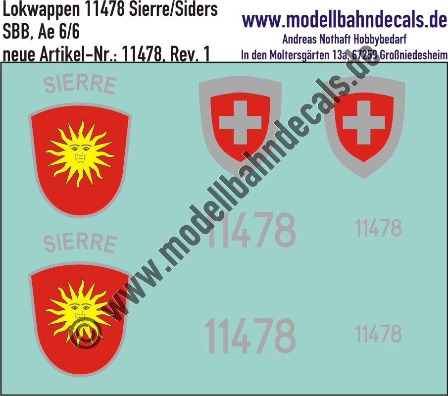 "Nass-Schiebebilder: Zusatzbeschriftung mit Wappen Lok 11478 Sierre (Siders) für Ae 6/6 der SBB, ab Epoche 3. Artikel-Nummer: 11478"
