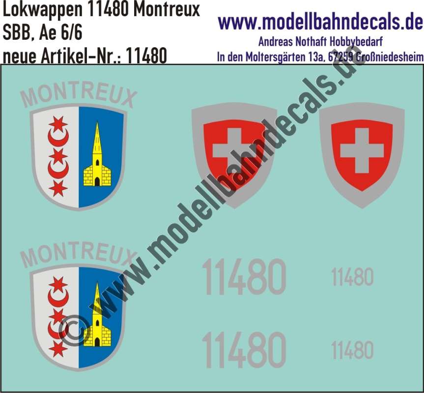 Nass-Schiebebilder: Zusatzbeschriftung mit Wappen Lok 11480 Montreux für Ae 6/6 der SBB, ab Epoche 3. Artikel-Nummer: 11480