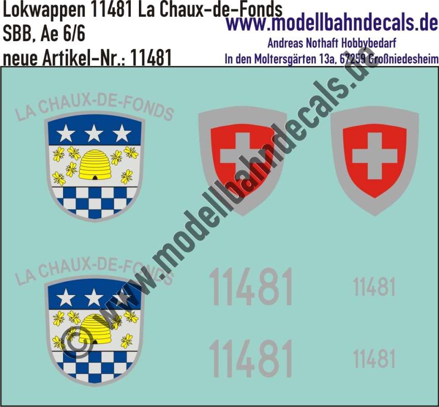 Nass-Schiebebilder: Zusatzbeschriftung mit Wappen Lok 11481 La Chaux-de-Fonds für Ae 6/6 der SBB, ab Epoche 3. Artikel-Nummer: 11481